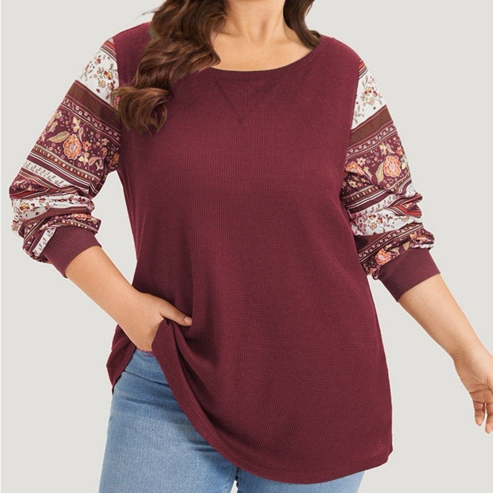 BloomChic Burgundy Floral Sleeve Waffle Knit Top Size Large
